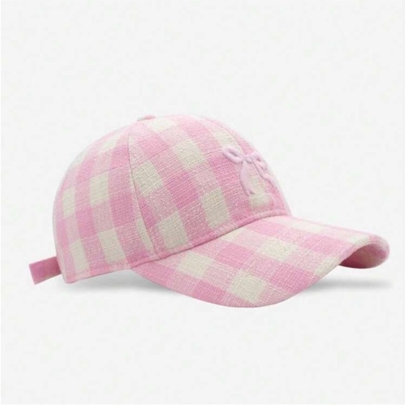 Adjustable Checkered Light Pink + White Embroidered Bowknot Baseball Cap OS New - Picture 2 of 11